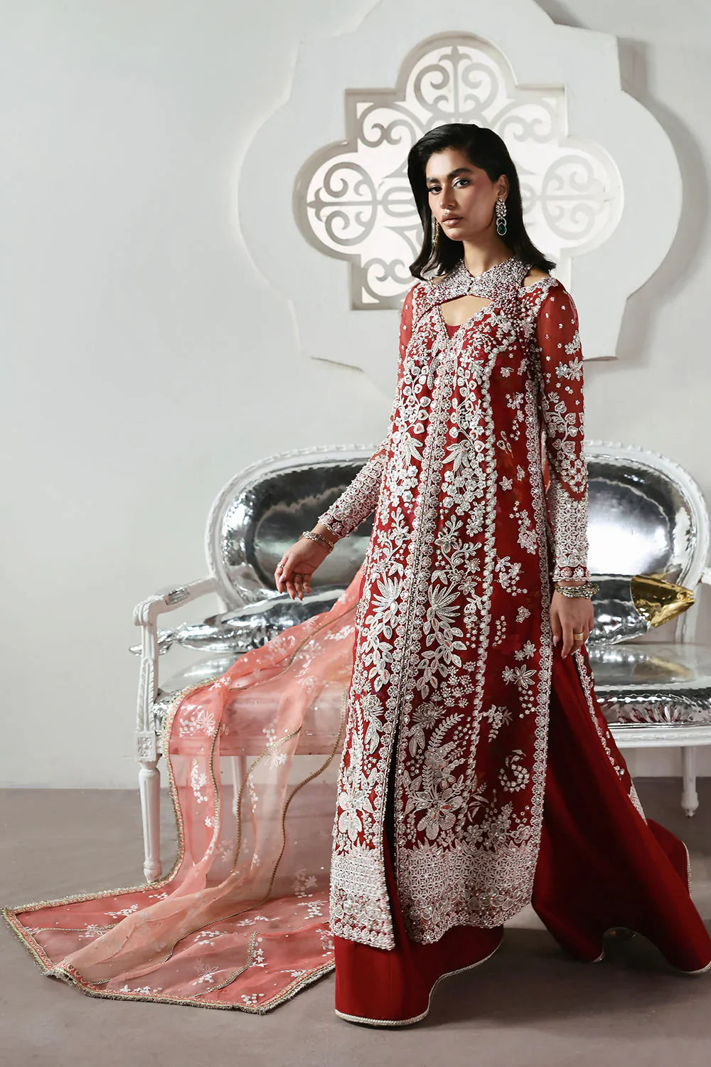 Soraya Solara Pakistani designer festive luxury ensemble with a soft luminous aesthetic and beautifully curated detailing, featuring a refined balance of texture and harmony, creating an effortlessly graceful couture look for modern festive occasions.