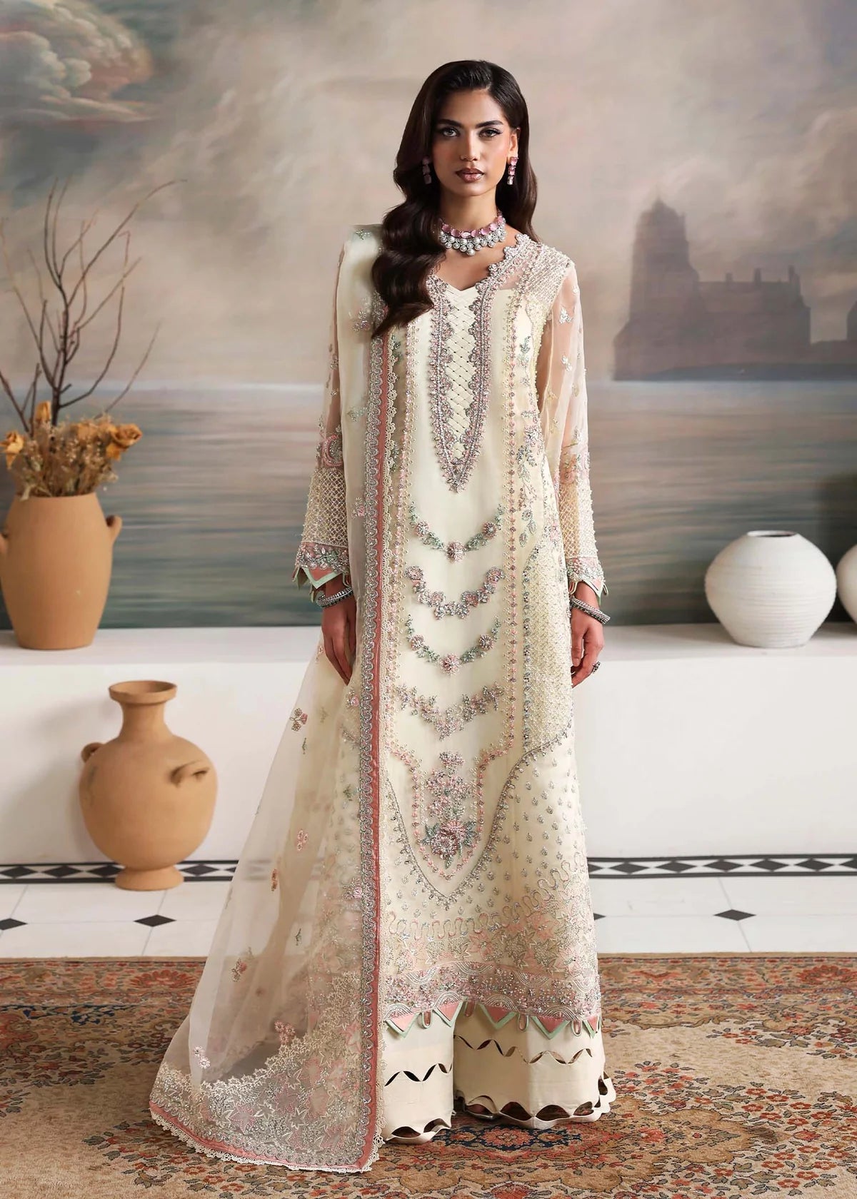 Elysian Opal White Embroidered Women’s Festive Ensemble – Laam Premium STITCHED / Free SIZE