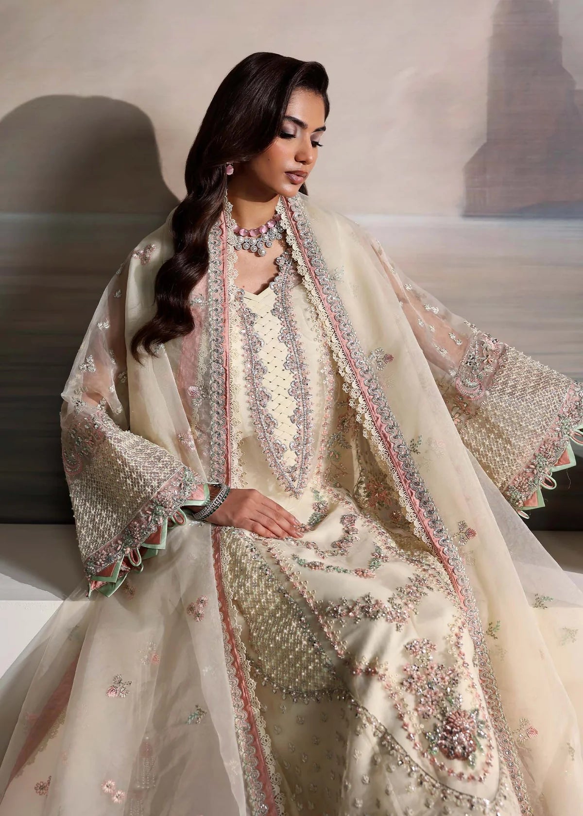 Elysian Opal White Women’s Embroidered Festive Ensemble – Elegant Ethnic Outfit by Laam Premium