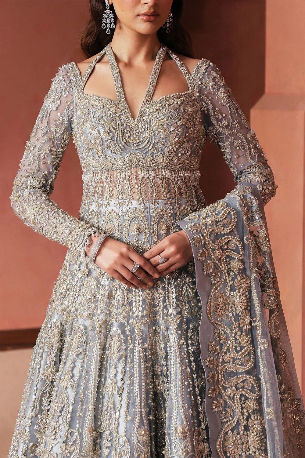 Soraya Anne Pakistani designer luxury formal ensemble featuring meticulous hand embroidery and shimmering embellishments with a regal silhouette, crafted for modern brides and evening occasions, ideal for weddings, receptions, and formal events.