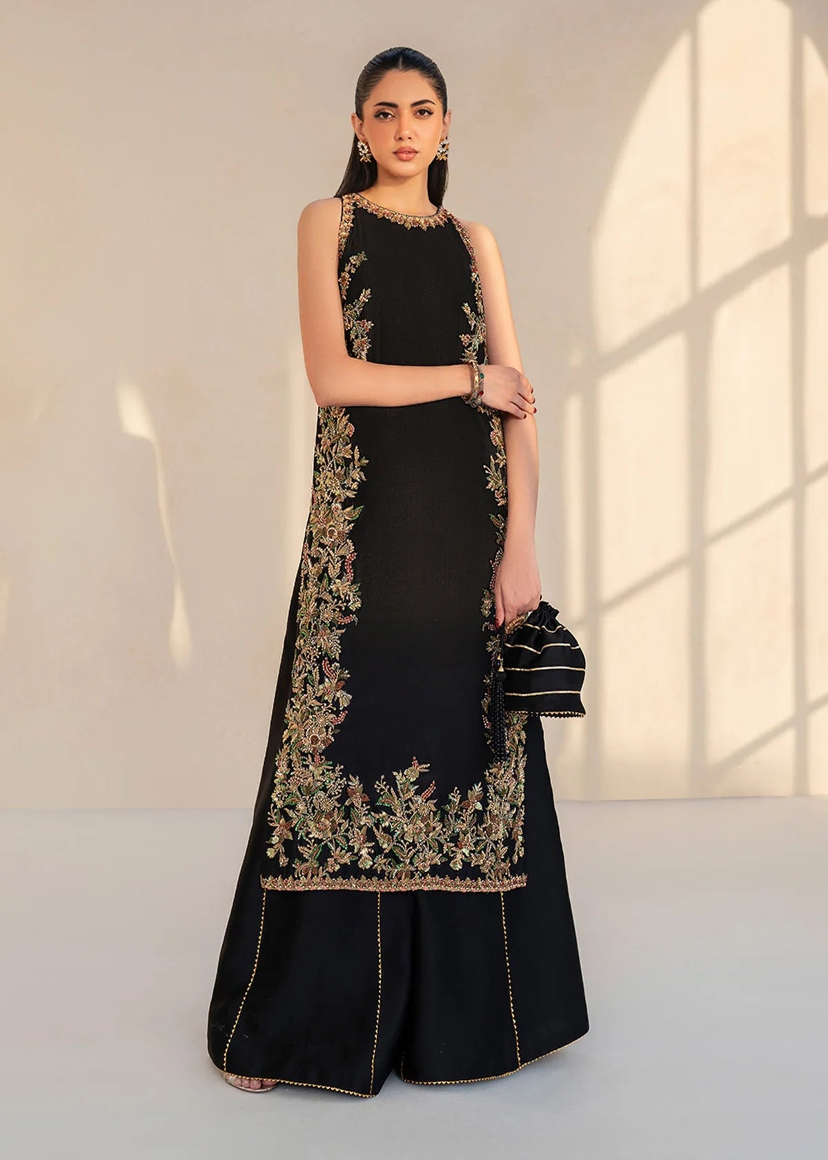 Liyana Black Women’s Embroidered Tissue Silk Sharara 3‑Piece Festive Ensemble – Elegant Ethnic Outfit by Laam Premium
