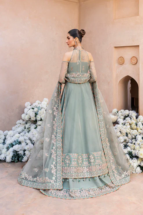 Gossamer Pakistani designer unstitched formal ensemble featuring intricate organza embroidery with components including embroidered blouse pieces, panels, borders, and dupatta, designed to be tailored into a lehnga or other silhouette, perfect for weddings and festive occasions.