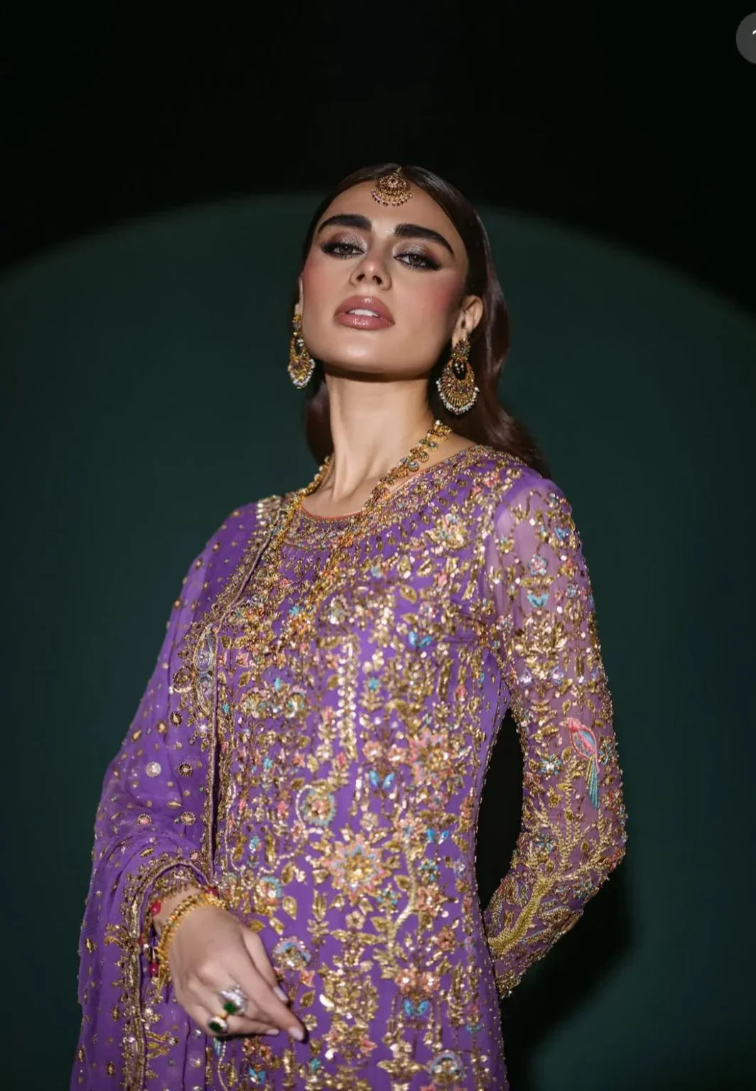 Nomi Ansari Amara Luxe rich purple formal ensemble featuring heavy hand embellishments with a harmonious blend of floral and animal-inspired patterns, bejeweled detailing, fine bordered ezaar work, and a long flowing dupatta with intricate cutwork, perfect for weddings, receptions, and festive celebrations.