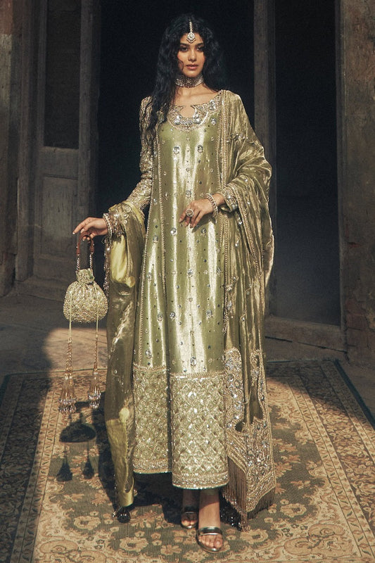 Iqbal Hussain Pistachio pistachio and gold bridal lehenga choli featuring intricate hand embroidery, delicate zari work, and fine embellishments with ornate floral and traditional motifs and shimmering accents, paired with a matching embellished choli and a soft net dupatta with detailed borders, perfect for barat, nikah, walima, and formal wedding receptions.