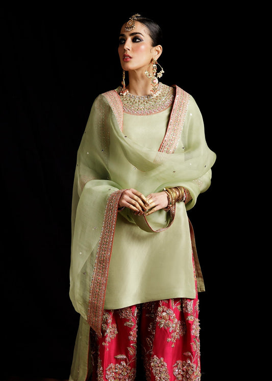 Hussain Rehar Doron ensemble crafted from luxurious fabric with intricate embellishments and refined detailing on a perfectly tailored silhouette, paired with a delicately worked dupatta, perfect for formal occasions and memorable celebrations.