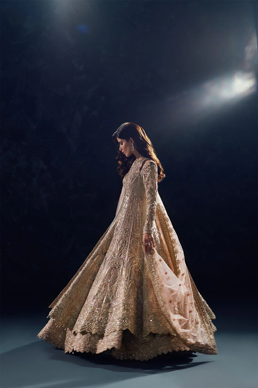 Reverie by Soraya gold tissue bridal dress with hand-embellished sheesha and dabka work
