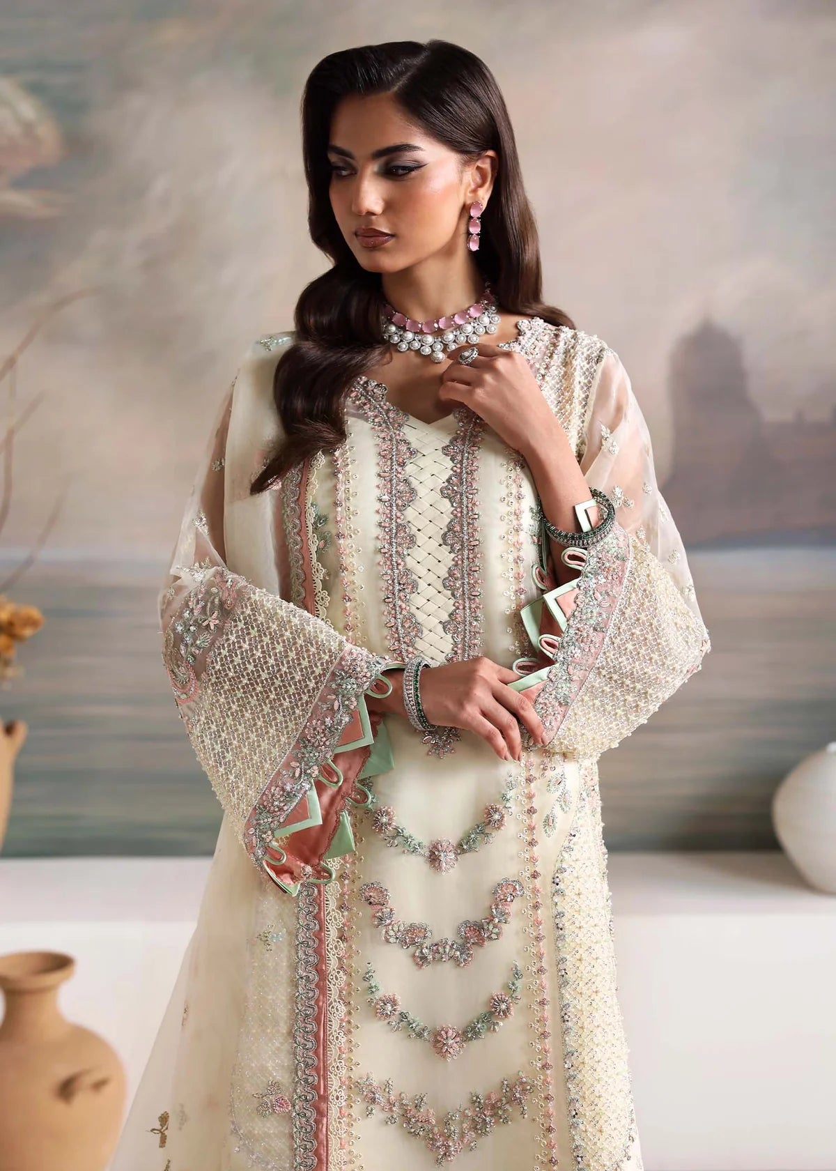 Elysian Opal White Women’s Embroidered Festive Ensemble – Elegant Ethnic Outfit by Laam Premium
