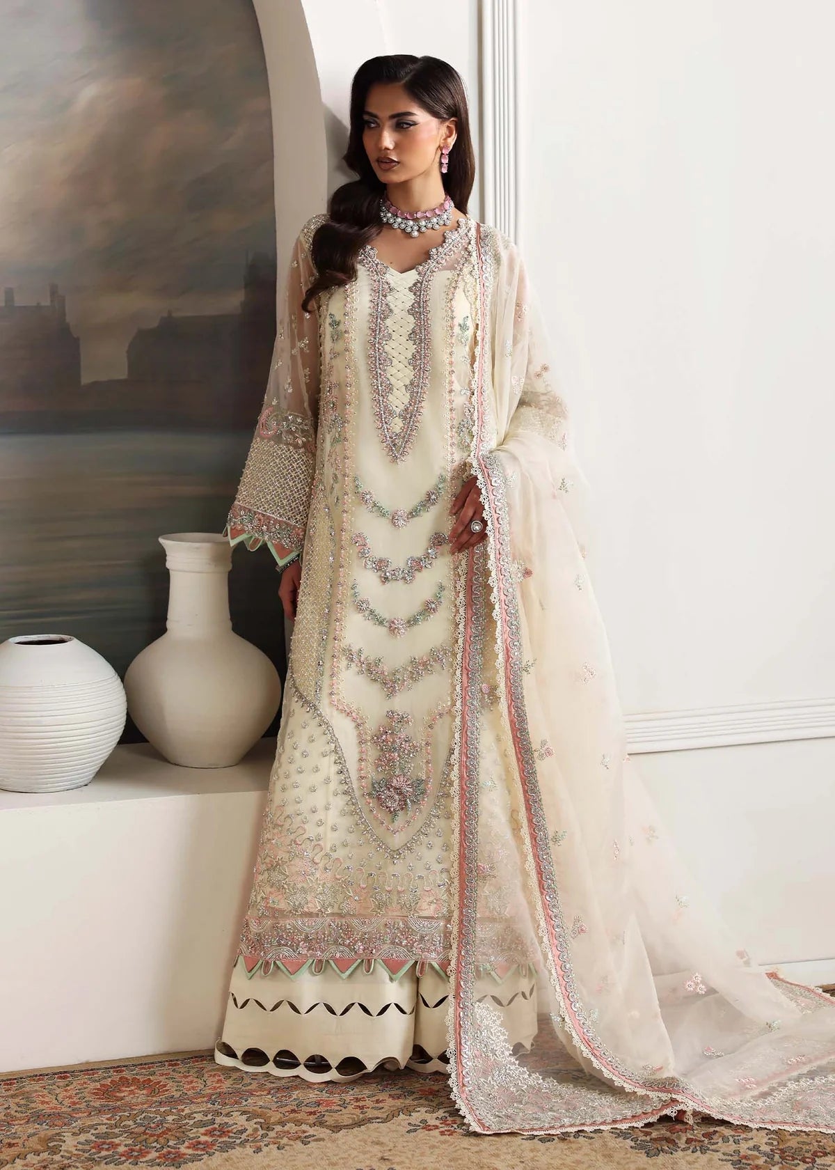 Elysian Opal White Women’s Embroidered Festive Ensemble – Elegant Ethnic Outfit by Laam Premium