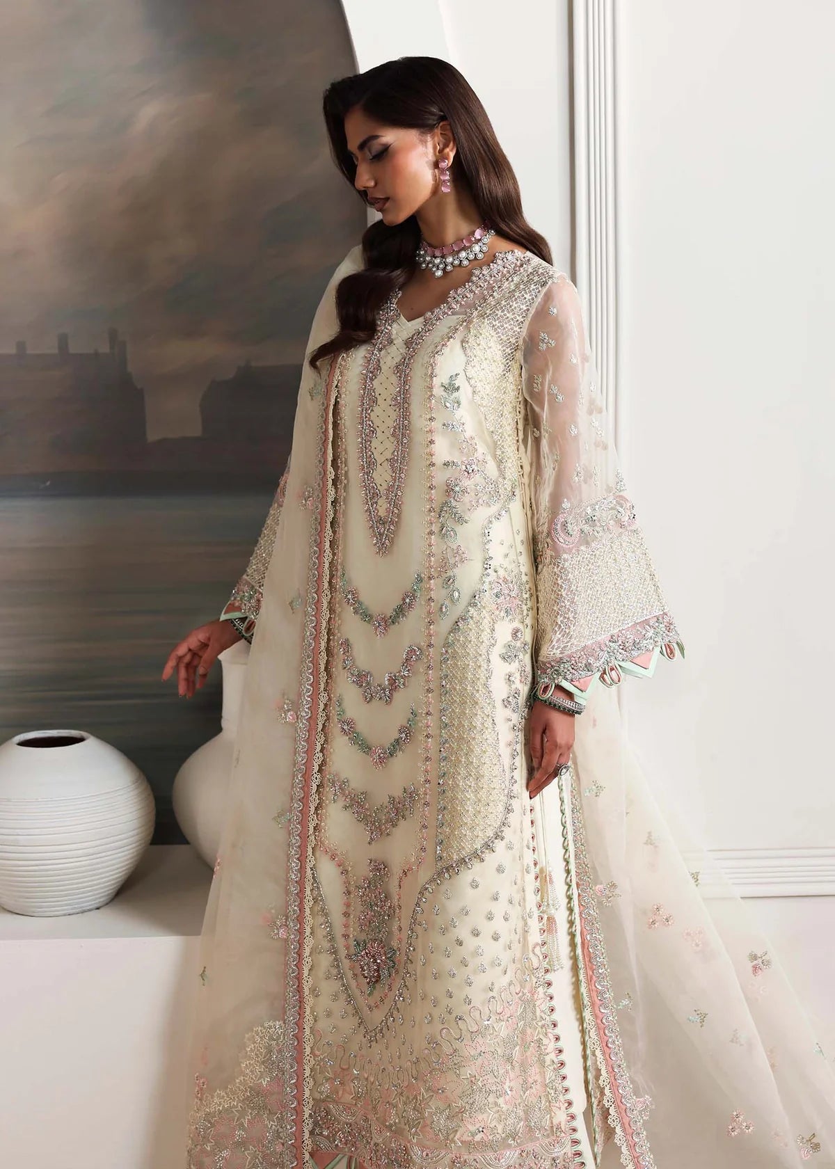 Elysian Opal White Women’s Embroidered Festive Ensemble – Elegant Ethnic Outfit by Laam Premium