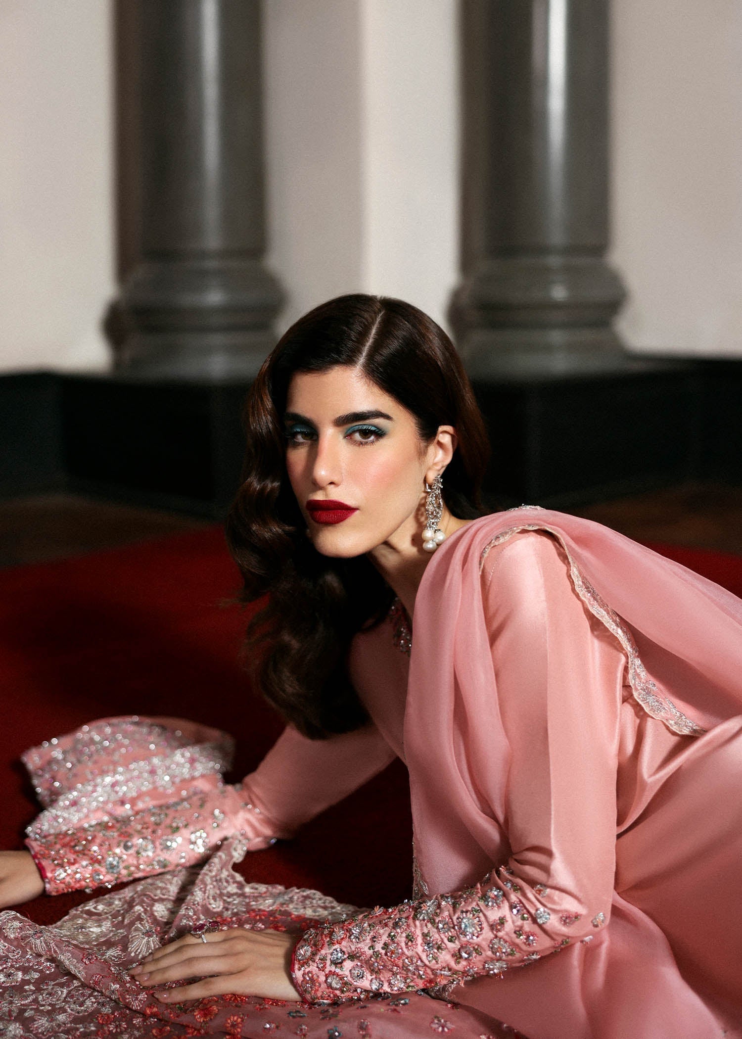 Hussain Rehar Evara ensemble featuring intricate embellishments with refined detail on rich flowing fabric in a statement silhouette with bold accents and a perfectly tailored cut, paired with a graceful dupatta, perfect for weddings and formal occasions.