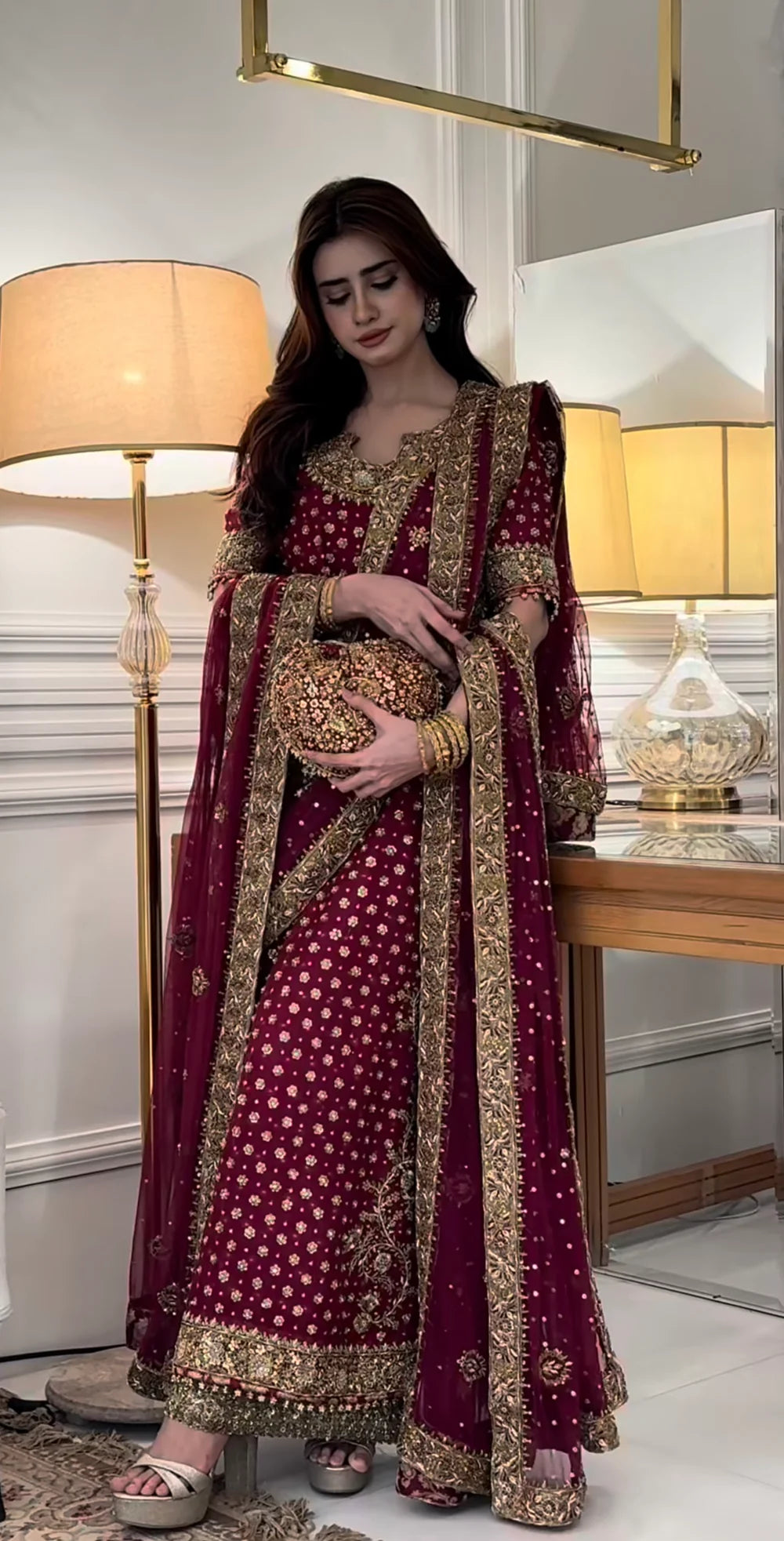 Haris Shakeel Aisha Afridi Pakistani designer formal ensemble crafted in rich tones with intricate embellishments and refined craftsmanship, featuring delicate details that blend tradition and sophistication, perfect for grand occasions and weddings.