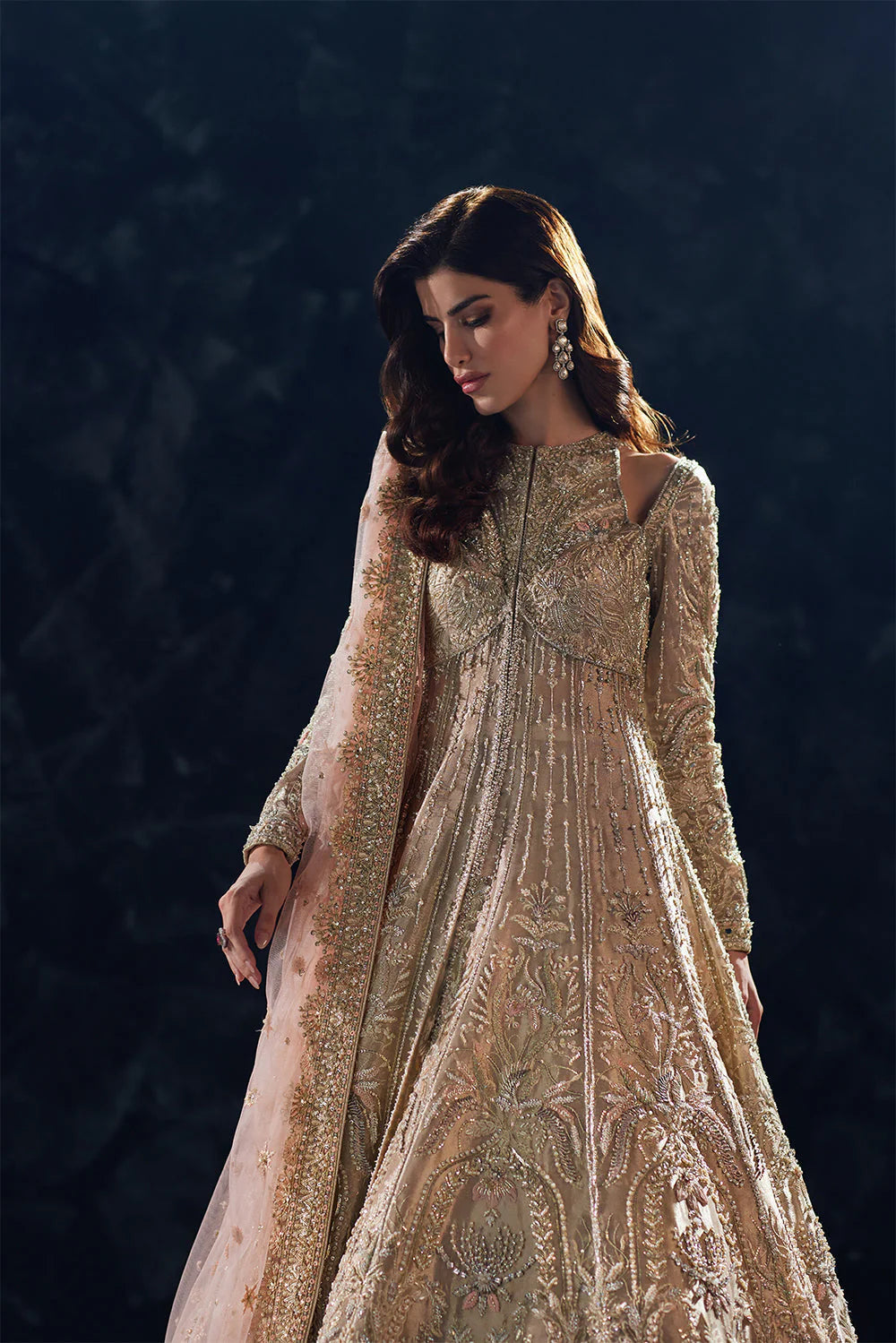 Reverie by Soraya gold tissue bridal dress with hand-embellished sheesha and dabka work