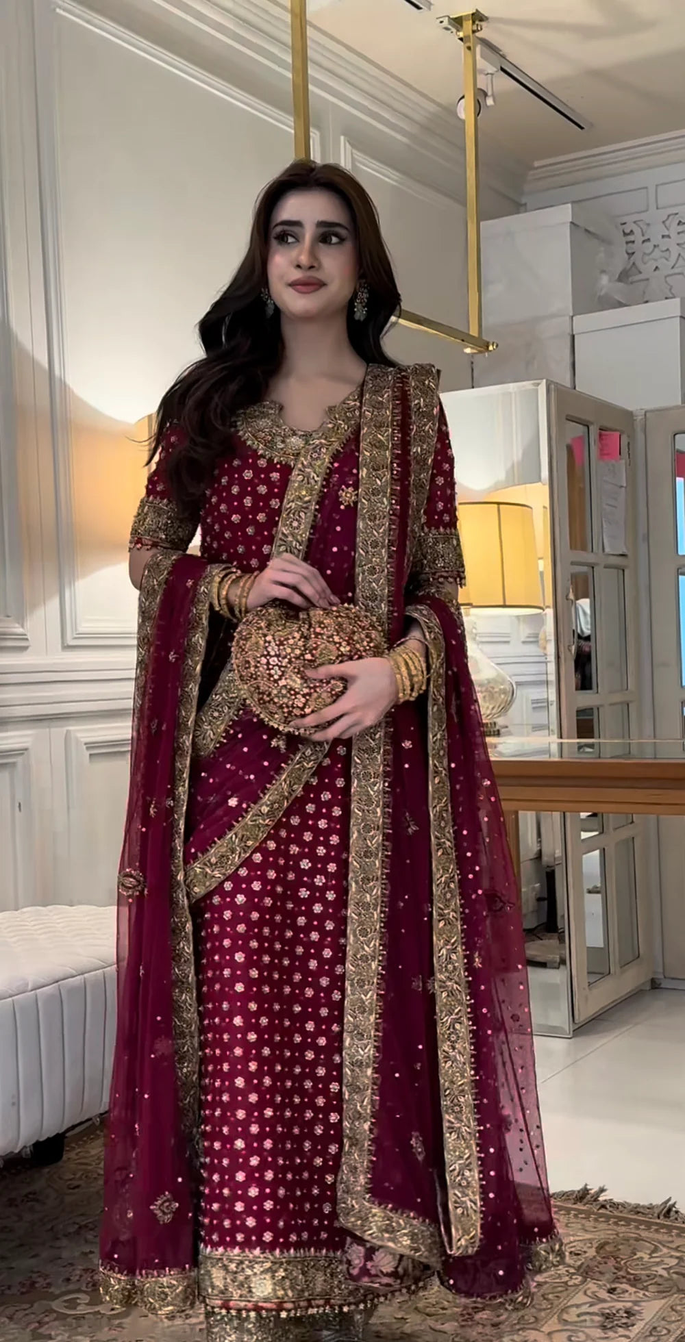 Haris Shakeel Aisha Afridi Pakistani designer formal ensemble crafted in rich tones with intricate embellishments and refined craftsmanship, featuring delicate details that blend tradition and sophistication, perfect for grand occasions and weddings.