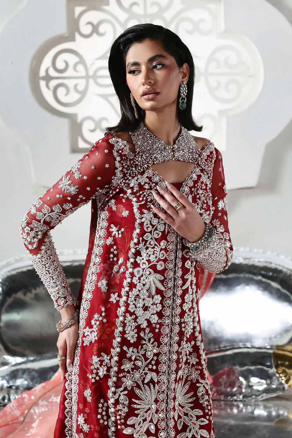 Soraya Solara Pakistani designer festive luxury ensemble with a soft luminous aesthetic and beautifully curated detailing, featuring a refined balance of texture and harmony, creating an effortlessly graceful couture look for modern festive occasions.