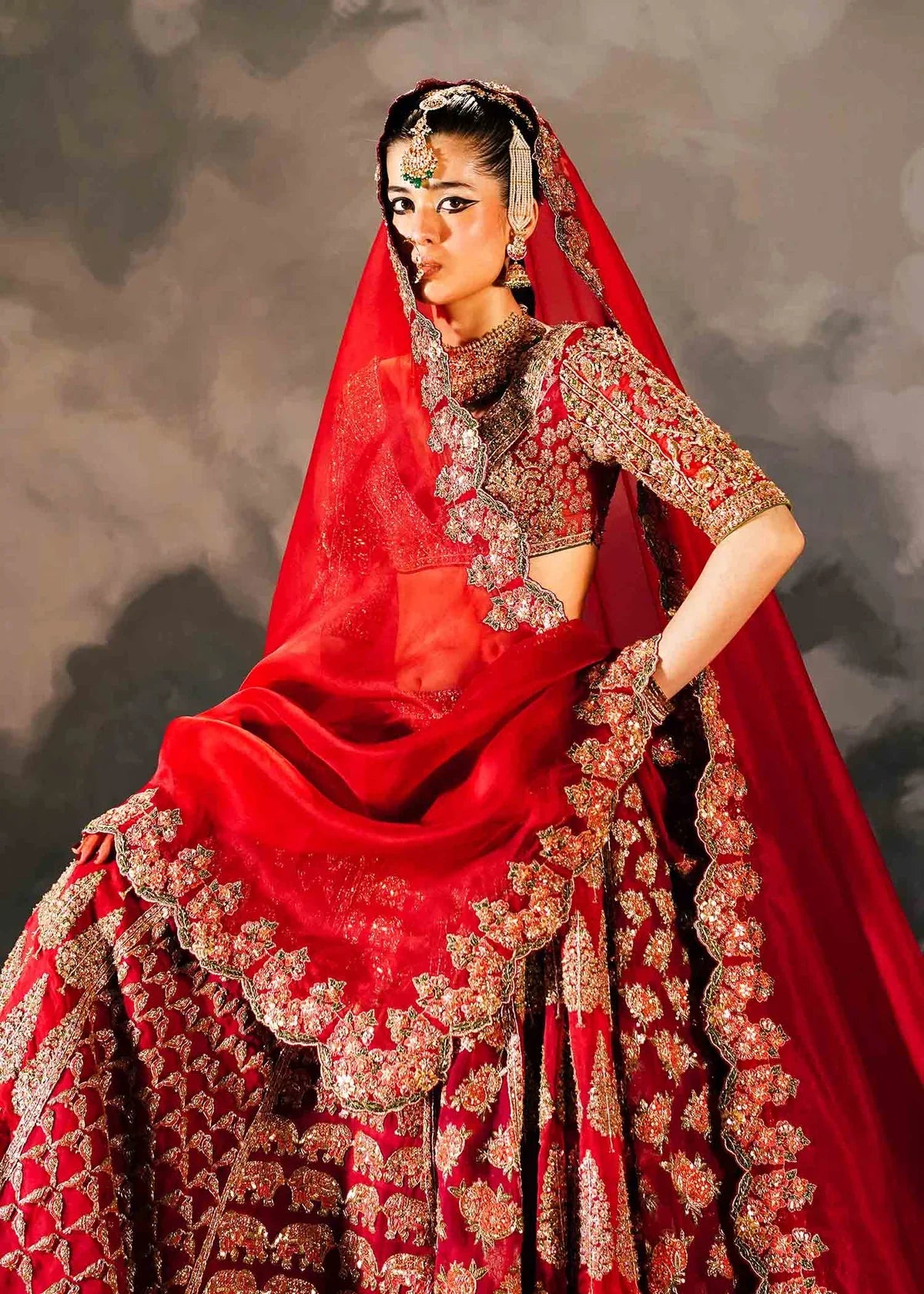 Hussain Rehar Raaqs red pure organza lehenga choli featuring intricate hand embellishments with rich dimensional finish, paired with a pure organza scallop cutwork dupatta that drapes gracefully with ethereal lightweight movement, perfect for bridal wear, weddings, receptions, and grand celebrations.
