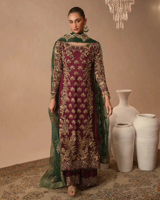 Abeera Usman Burgundy Dusk rich burgundy formal ensemble featuring meticulous detailing and delicate embellishments with a fluid silhouette that blends traditional craftsmanship with modern elegance, perfect for weddings, receptions, festive gatherings, and evening events.