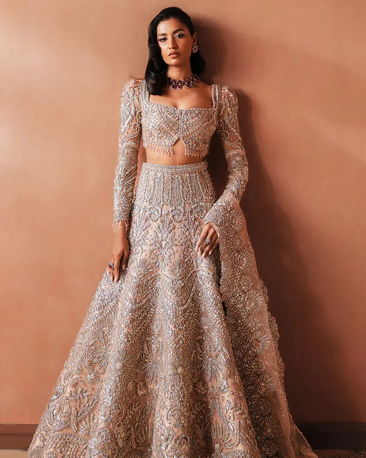 Catherine Soraya soft pink net bridal lehenga with delicate dabka, crystal & mukesh embroidery
