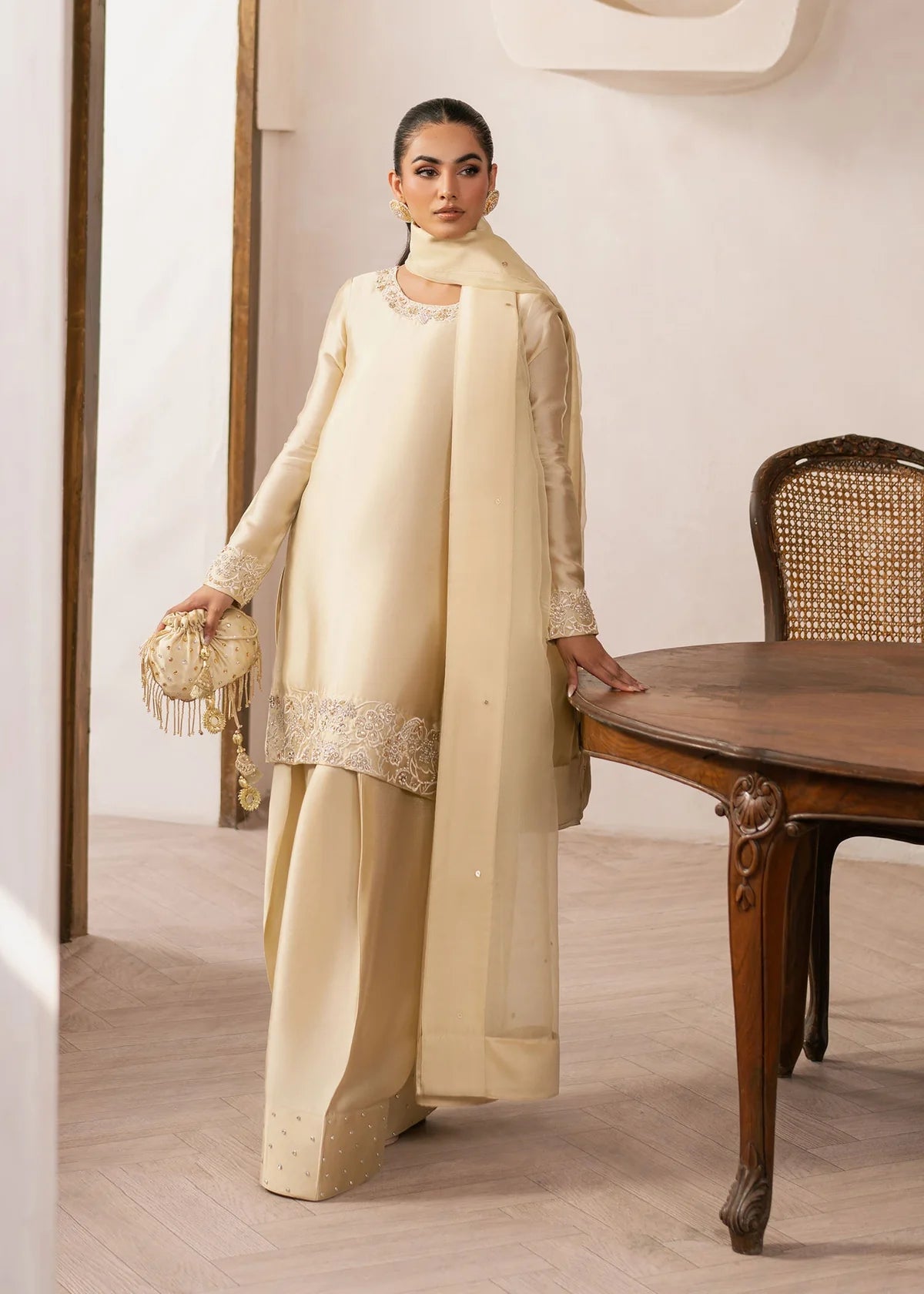 Eluna Pale Yellow Women’s Embroidered Tissue Silk 3‑Piece Festive Outfit – Elegant Ethnic Set by Laam Premium