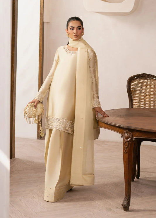 Eluna Pale Yellow Women’s Embroidered Tissue Silk 3‑Piece Festive Outfit – Elegant Ethnic Set by Laam Premium