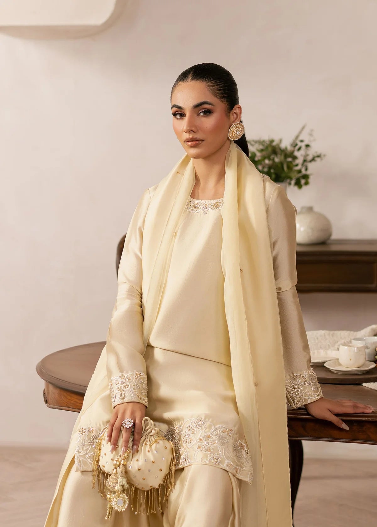 Eluna Pale Yellow Women’s Embroidered Tissue Silk 3‑Piece Festive Outfit – Elegant Ethnic Set by Laam Premium