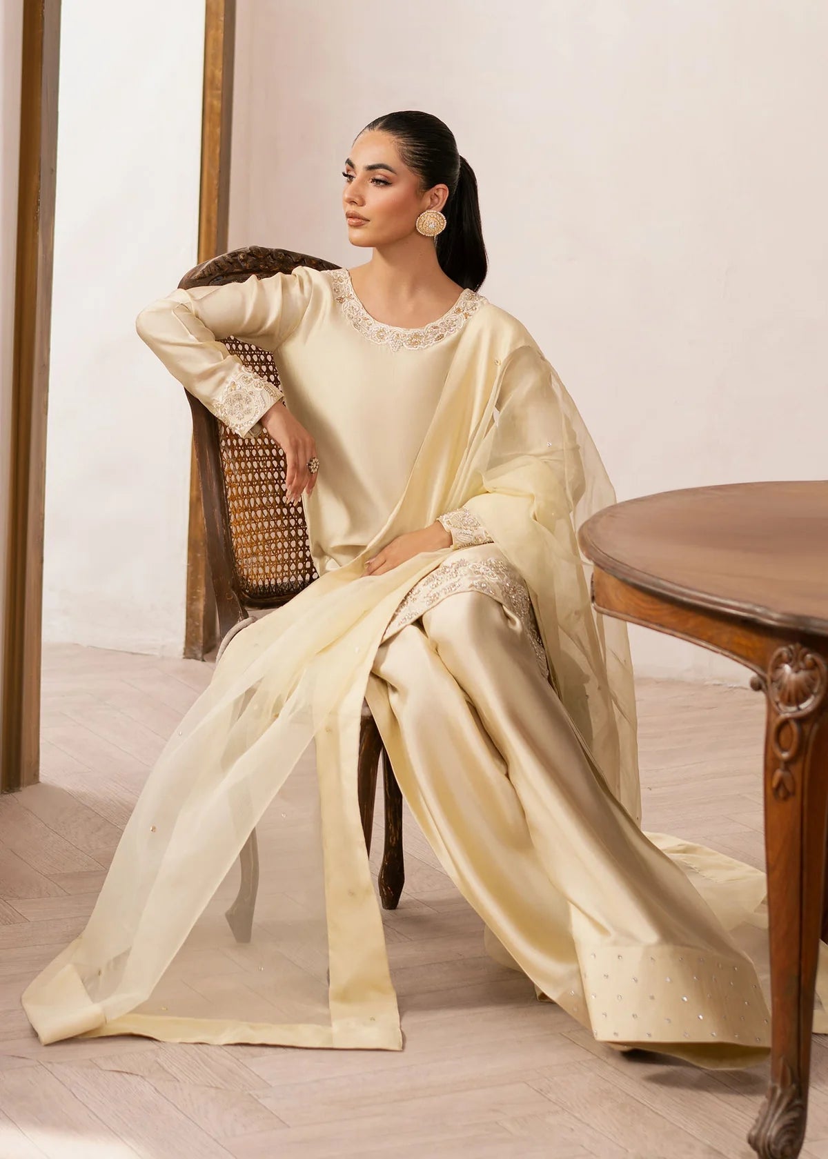 Eluna Pale Yellow Women’s Embroidered Tissue Silk 3‑Piece Festive Outfit – Elegant Ethnic Set by Laam Premium