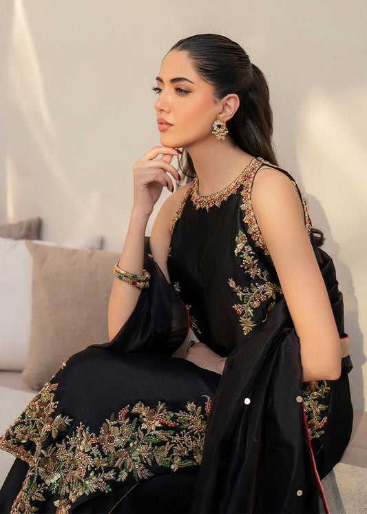 Liyana Black Women’s Embroidered Tissue Silk Sharara 3‑Piece Festive Ensemble – Elegant Ethnic Outfit by Laam Premium