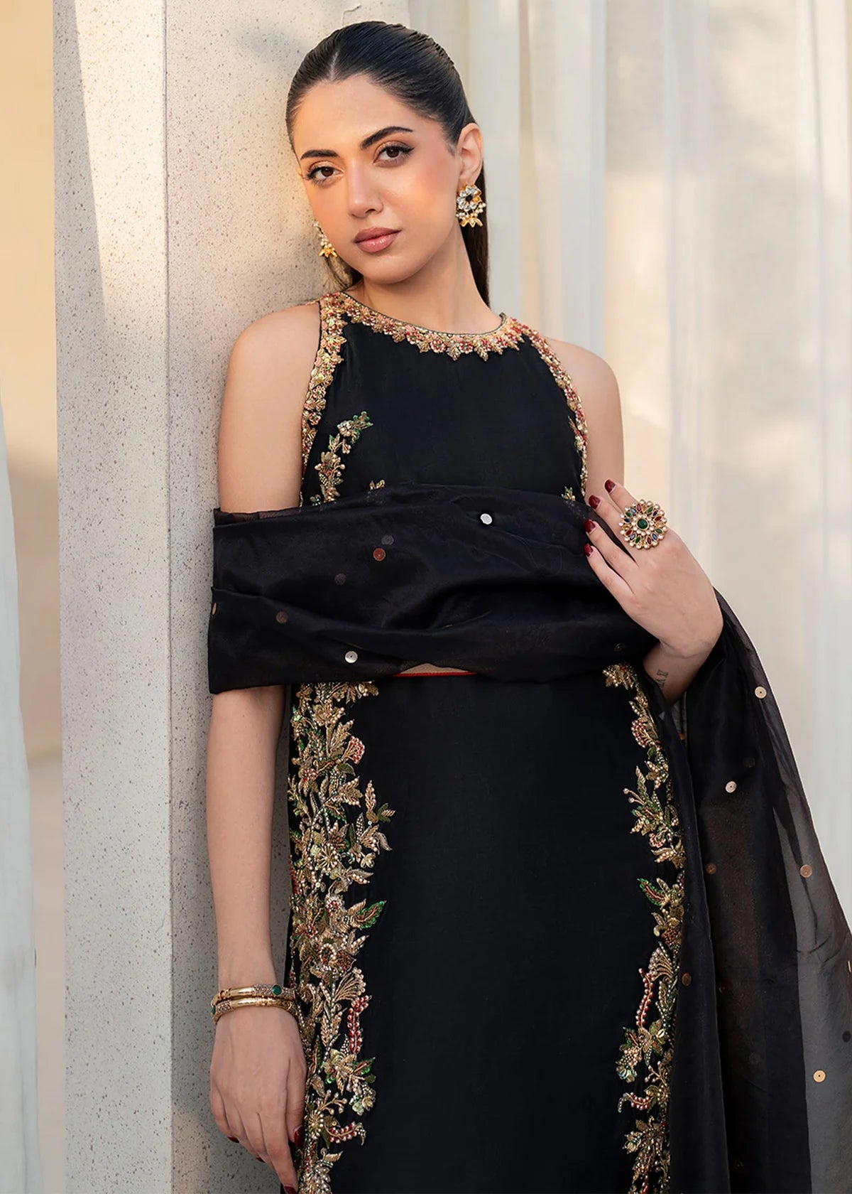 Liyana Black Women’s Embroidered Tissue Silk Sharara 3‑Piece Festive Ensemble – Elegant Ethnic Outfit by Laam Premium