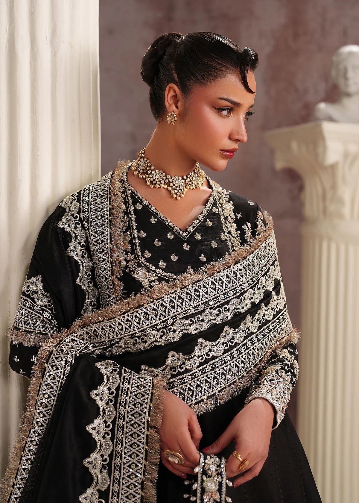 Novara Black Embroidered Tissue Silk Pishwas & PK Silk Lehenga 3 Piece Suit with Organza Dupatta – Laam Premium