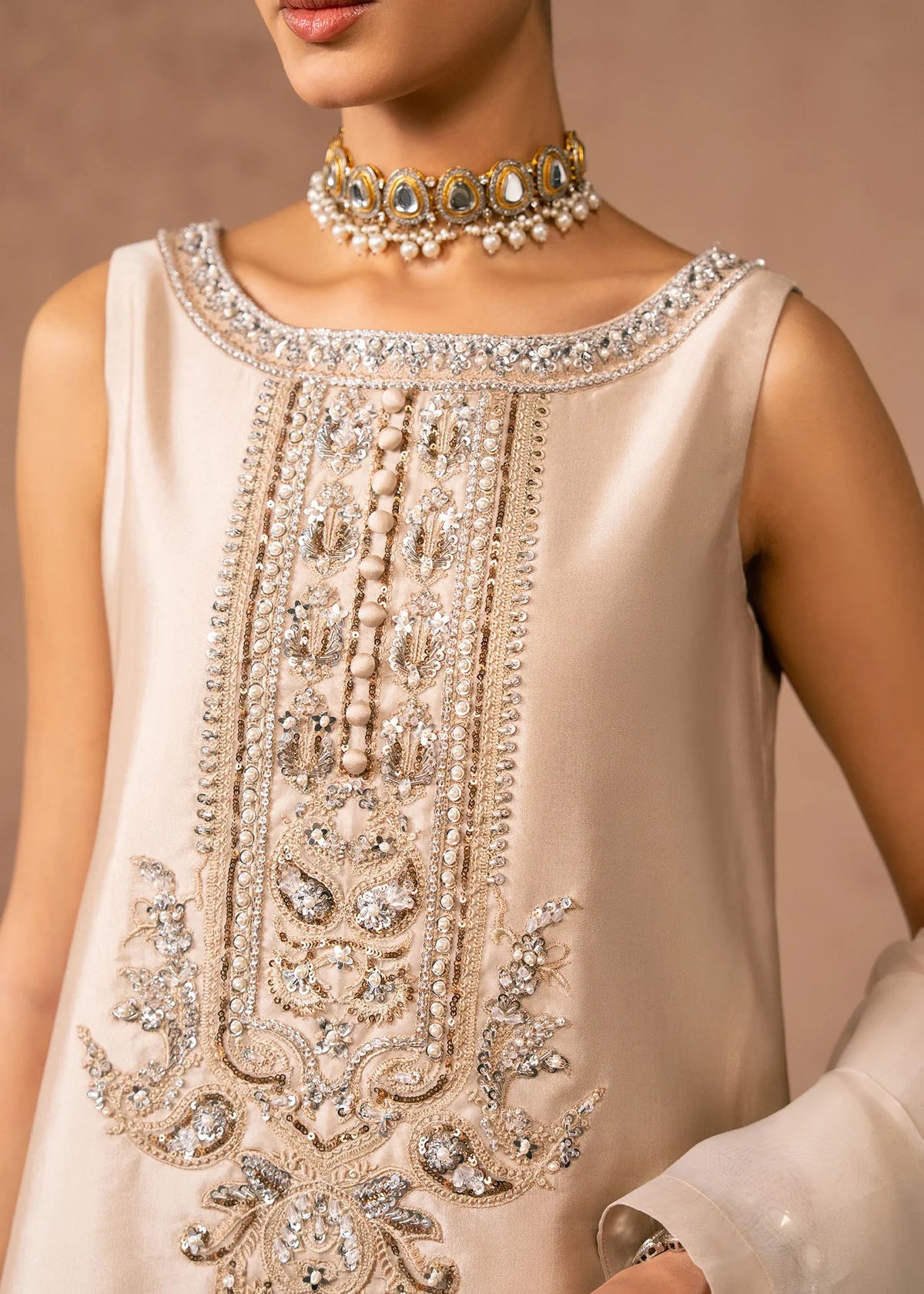 Anaya Champagne‑Beige Women’s Embroidered 3‑Piece Festive Ensemble – Elegant Ethnic Outfit by Laam Premium