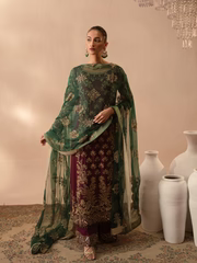Abeera Usman Burgundy Dusk rich burgundy formal ensemble featuring meticulous detailing and delicate embellishments with a fluid silhouette that blends traditional craftsmanship with modern elegance, perfect for weddings, receptions, festive gatherings, and evening events.