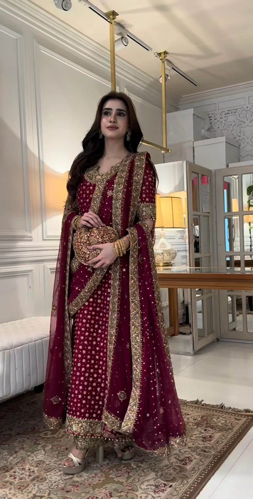 Haris Shakeel Aisha Afridi Pakistani designer formal ensemble crafted in rich tones with intricate embellishments and refined craftsmanship, featuring delicate details that blend tradition and sophistication, perfect for grand occasions and weddings.