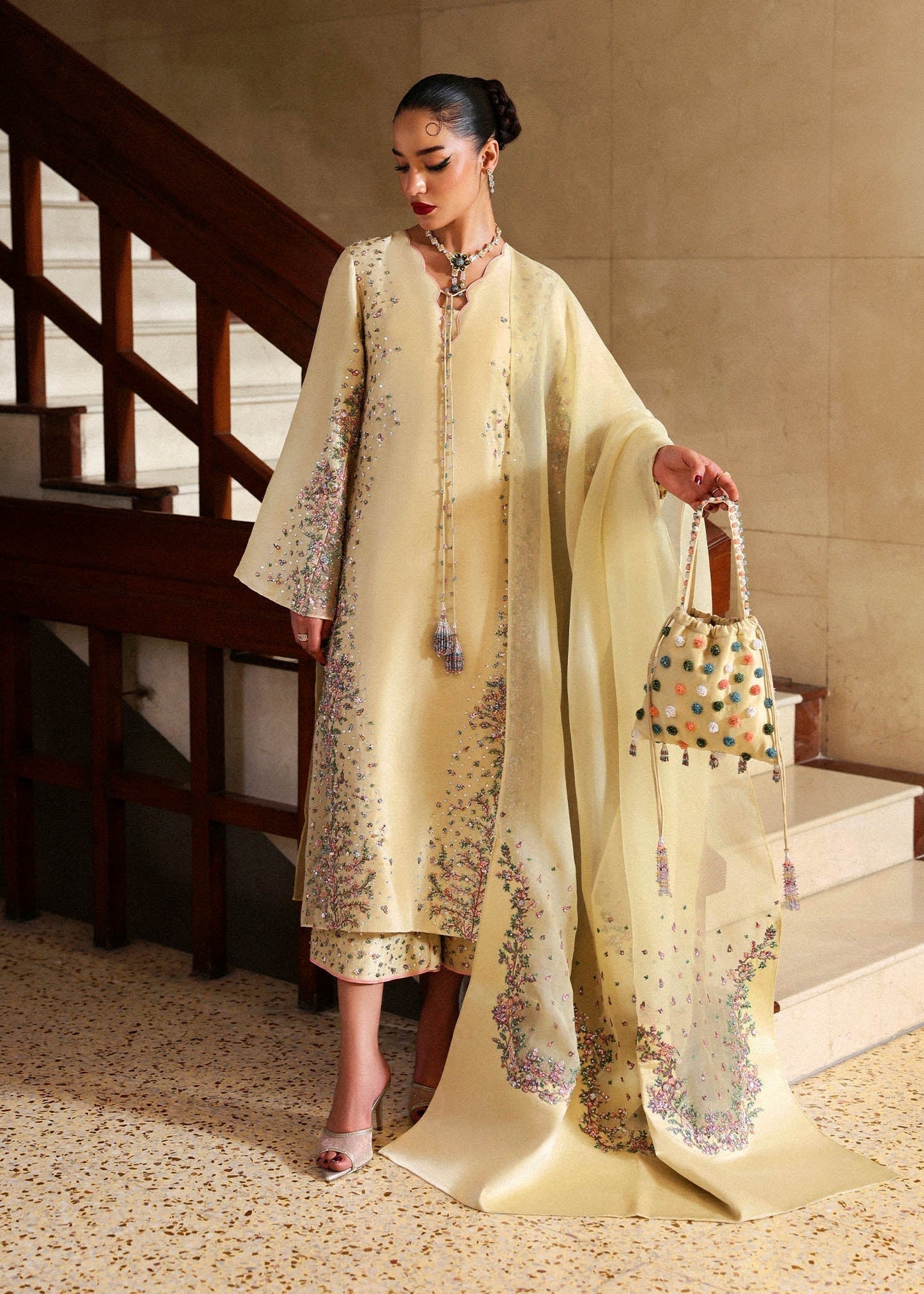 Hussain Rehar Ciel ensemble featuring a refined silhouette with subtle intricate embellishments and luxurious fabric in a graceful drape, paired with a delicately finished dupatta, perfect for formal occasions and elegant celebrations.