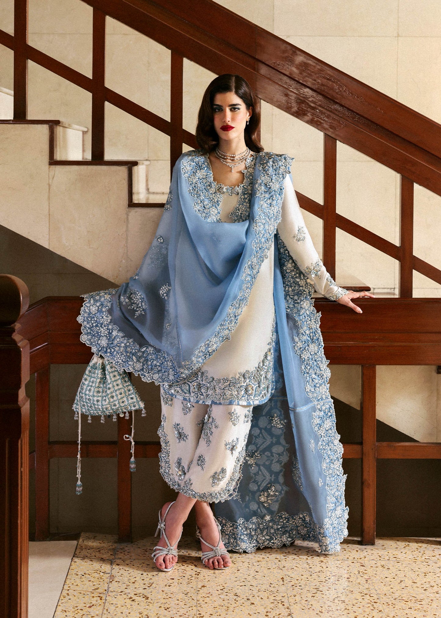 Ivory luxury nikkah dress Virelle Pakistan
White formal dress embroidered organza dupatta
Front view ivory designer dress Pakistan
Close embroidery detail ivory dress
Elegant nikkah outfit Pakistan luxury wear