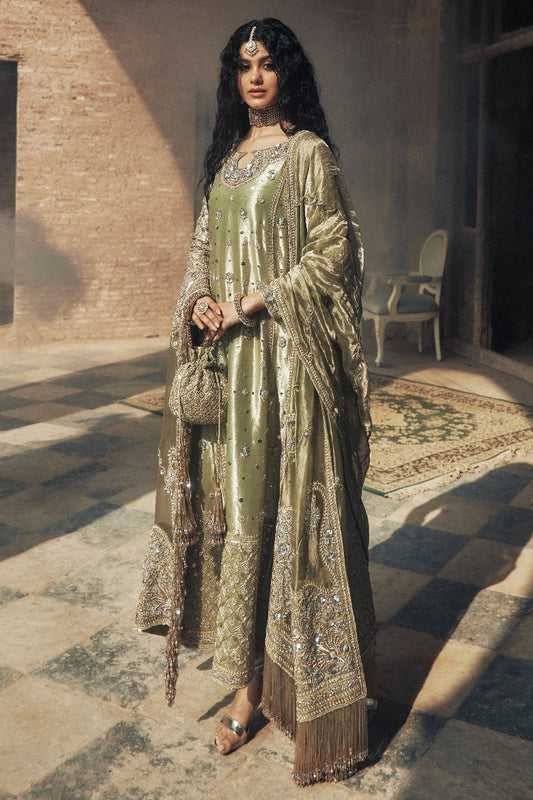 Iqbal Hussain Pistachio pistachio and gold bridal lehenga choli featuring intricate hand embroidery, delicate zari work, and fine embellishments with ornate floral and traditional motifs and shimmering accents, paired with a matching embellished choli and a soft net dupatta with detailed borders, perfect for barat, nikah, walima, and formal wedding receptions.