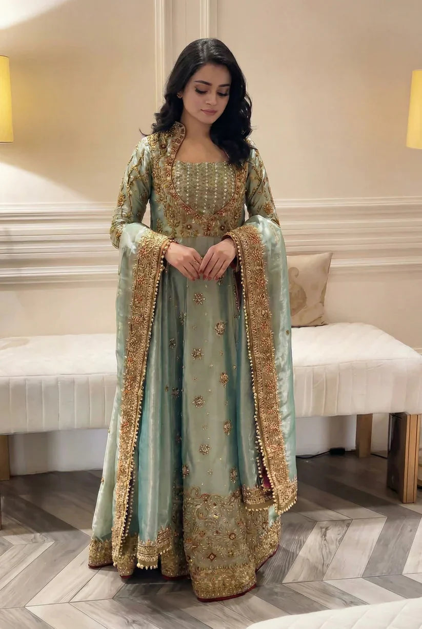 Haris Shakeel Urooj unstitched 3-piece bridal ensemble from the Wedding Luxury Myssory collection featuring exquisite hand embellishments and intricate embroidery with rich textures and sophisticated patterns that blend traditional bridal aesthetics with contemporary flair, crafted in premium quality fabric for customizable tailoring to create a regal wedding look.