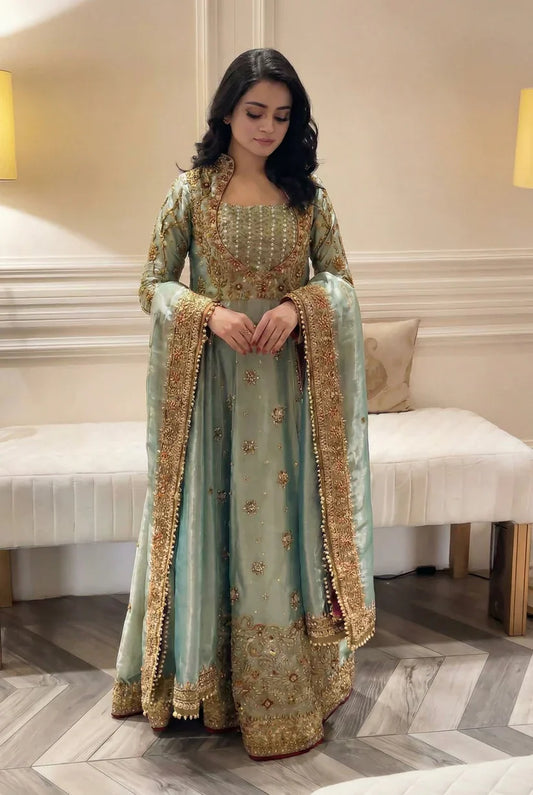 Haris Shakeel Urooj unstitched 3-piece bridal ensemble from the Wedding Luxury Myssory collection featuring exquisite hand embellishments and intricate embroidery with rich textures and sophisticated patterns that blend traditional bridal aesthetics with contemporary flair, crafted in premium quality fabric for customizable tailoring to create a regal wedding look.