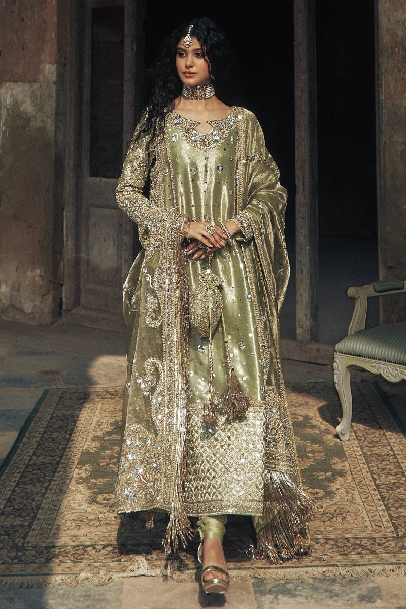 Iqbal Hussain Pistachio pistachio and gold bridal lehenga choli featuring intricate hand embroidery, delicate zari work, and fine embellishments with ornate floral and traditional motifs and shimmering accents, paired with a matching embellished choli and a soft net dupatta with detailed borders, perfect for barat, nikah, walima, and formal wedding receptions.