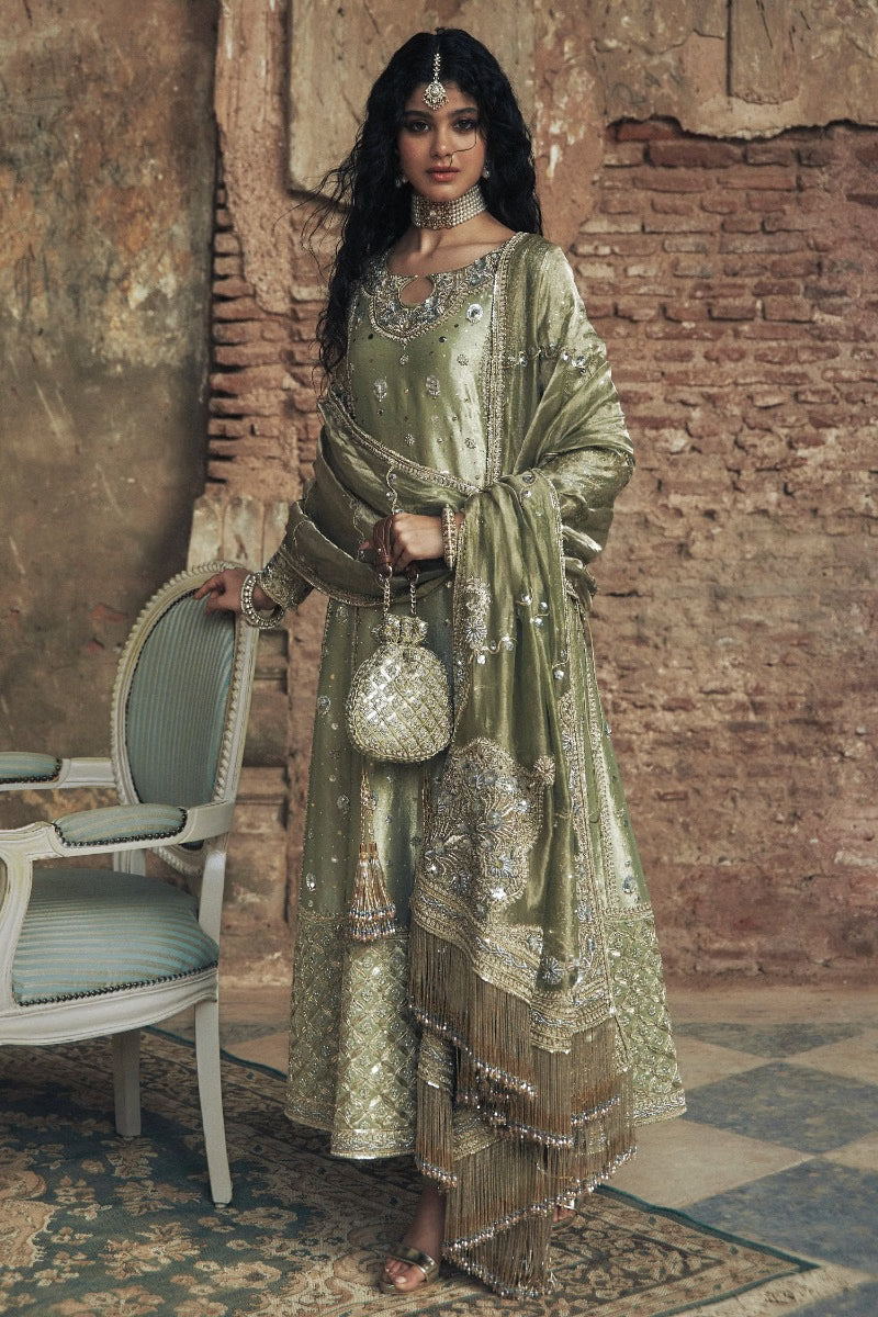 Iqbal Hussain Pistachio pistachio and gold bridal lehenga choli featuring intricate hand embroidery, delicate zari work, and fine embellishments with ornate floral and traditional motifs and shimmering accents, paired with a matching embellished choli and a soft net dupatta with detailed borders, perfect for barat, nikah, walima, and formal wedding receptions.