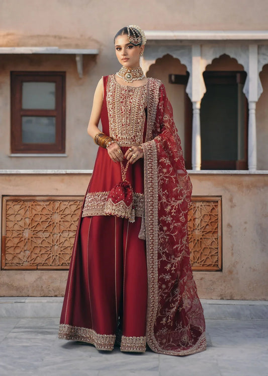 Mehek red ada embroidery Pakistani formal three-piece ensemble featuring a tissue silk shirt with a square neckline and intricate traditional embroidery, paired with matching tissue silk gharara and a kathan organza dupatta, perfect for weddings and festive celebrations.