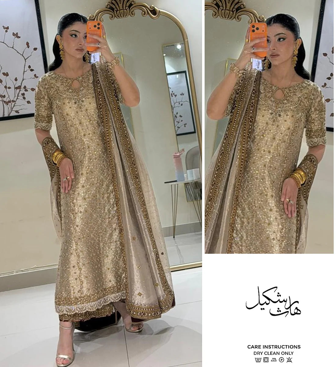 Haris Shakeel Inspired Champagne Gold Formal Ensemble